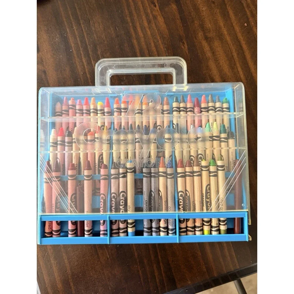 Vintage 72 Crayola Crayon Holder Storage Carrying Case Plastic BLUE w/ sharpener